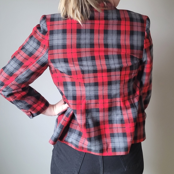 1980s red black plaid double breasted blazer - Picture 2 of 12